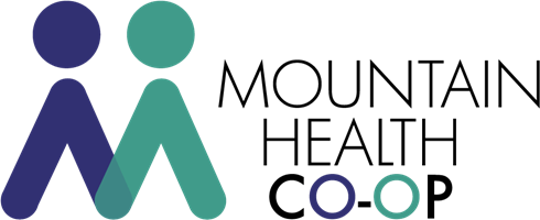 The mountain health co-op logo has two people standing next to each other.