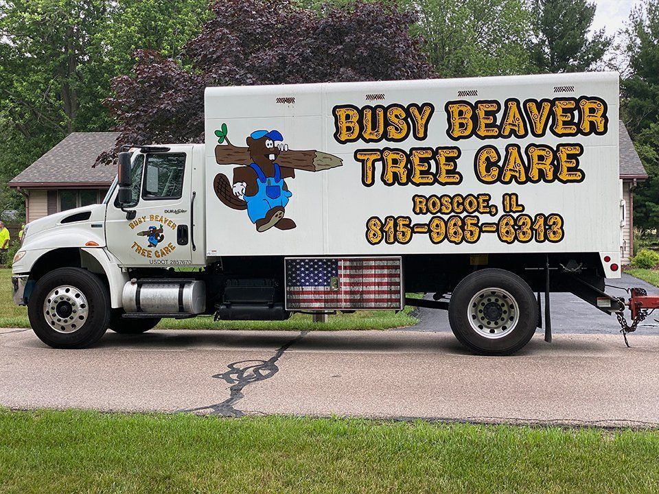 A busy beaver tree care truck is parked on the side of the road.