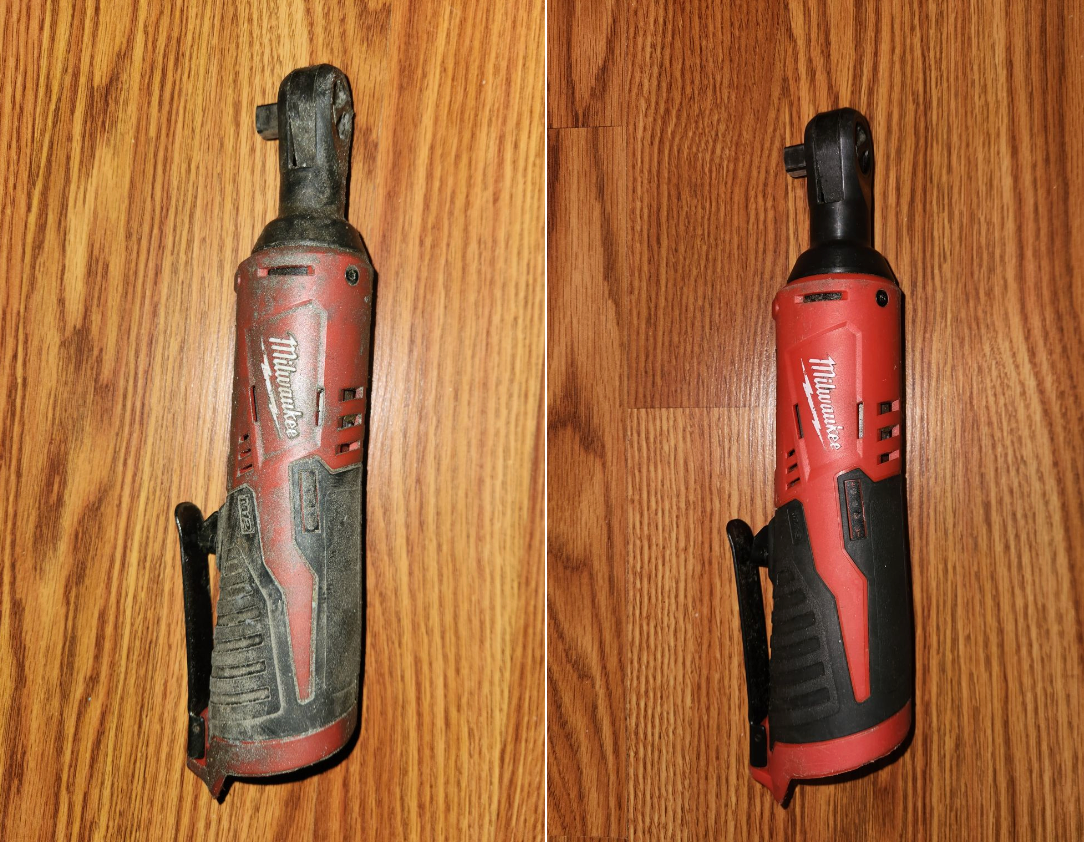 Red and black Milwaukee cordless ratchet on a wooden surface.