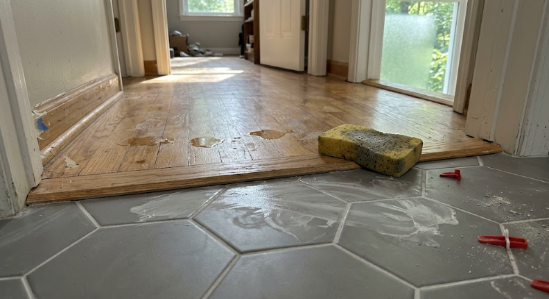 Close up of new modern hexagon floor tile being installed in a Spokane residential bathroom.