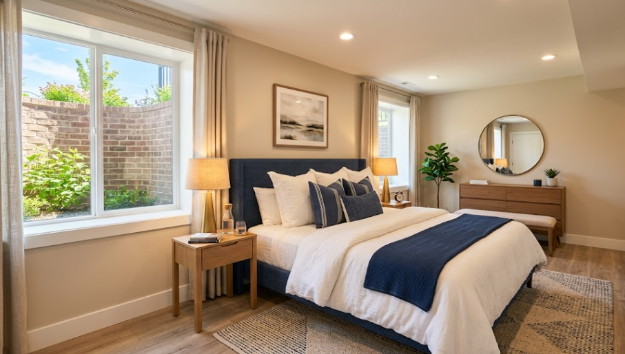 A welcoming and warm basement guest bedroom with an egress window and cozy bedding.