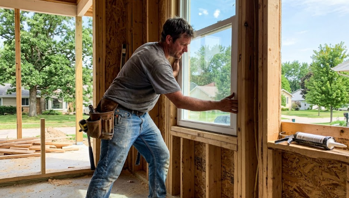 A professional contractor from Spokane General Contractor carefully installing a new, high-quality replacement window in a local home.