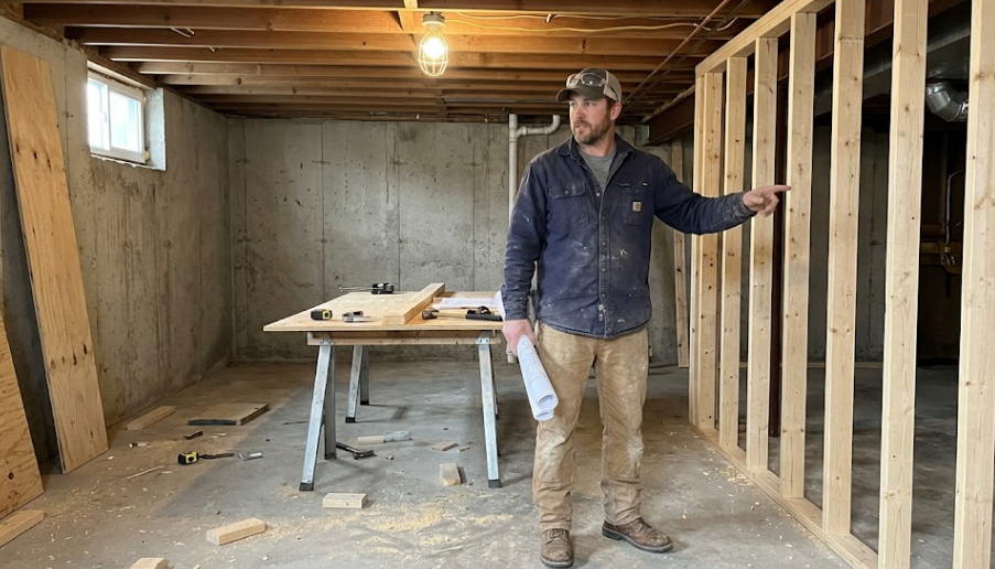 A friendly Spokane General Contractor smiling and reviewing blueprints during a basement remodel project.