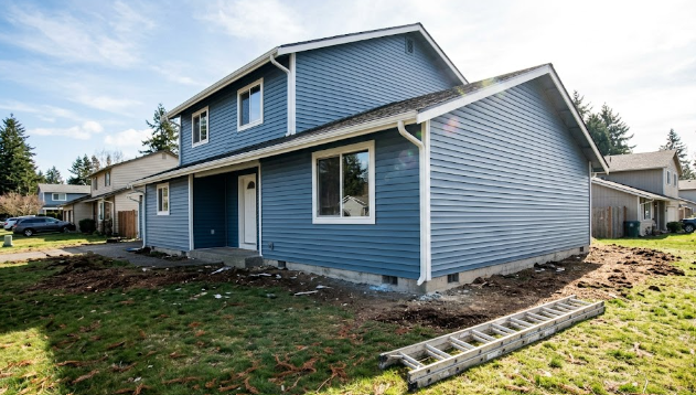Beautiful home in Spokane WA featuring brand new blue vinyl siding installation and crisp white trim.