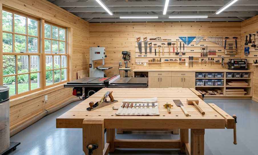 The clean and bright interior of a custom woodworking shop featuring epoxy floors, a sturdy workbench, and bright LED lighting.
