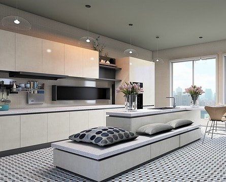 A black kitchen faucet runs water into a black sink in a bright kitchen with a small vase of flowers on the counter.