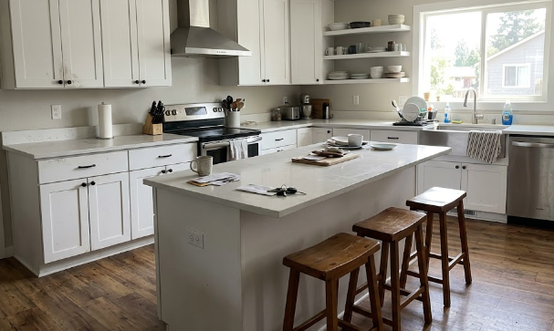 Bright white remodeled kitchen in Spokane WA with quartz countertops and a center island.