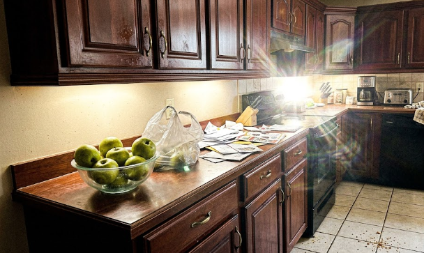 Traditional kitchen remodel featuring dark wood cabinets and warm under-cabinet lighting.