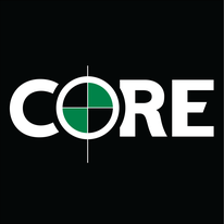 CORE logo in white with a green target crosshair on a black background