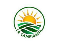 La Campirana logo with sun, green fields, and curved text in green and yellow