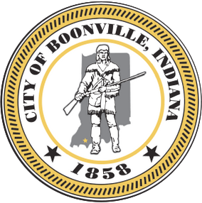 Seal of the City of Boonville, Indiana, with a figure holding a rifle and the date 1858