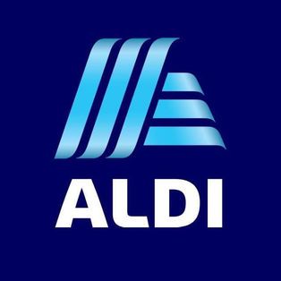 ALDI logo in blue and white with stylized slanted stripes above the word ALDI