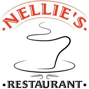 Nellie’s Restaurant logo with a steaming coffee cup and red text on a white background