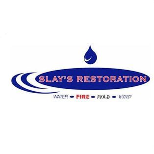 Blue Slay’s Restoration logo with water droplet and swirl, labeled water, fire, mold, and wind damage restoration