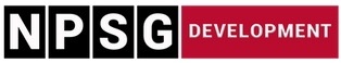 NPSG Development logo with white letters on black and red background