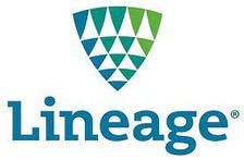 Lineage logo with blue and green geometric emblem above blue wordmark
