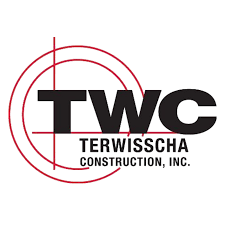 TWC Terwisscha Construction, Inc. logo in black and red with circular red line design