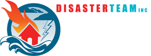 DisasterTeam Inc logo with red house, flames, water, and blue circular wave icon