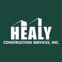 Healy Construction Services, Inc. logo in white on a dark green background with a house roof outline