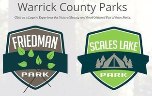 Warrick County Parks logos for Friedman Park and Scales Lake Park on a white background