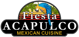 Fiesta Acapulco Mexican Cuisine logo with sombrero, palm trees, and a parrot in red, black, and gold