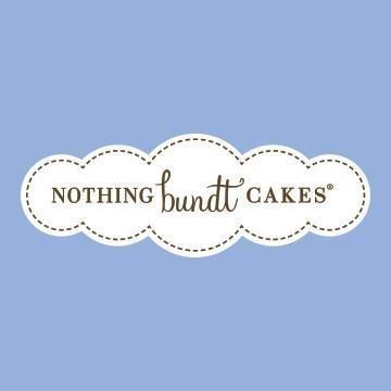 Logo reading “Nothing but Cakes” in brown on a white cloud shape with dotted border, on a blue background