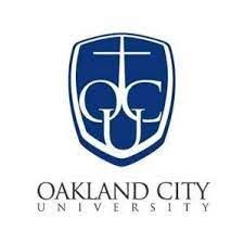 Oakland City University logo with blue shield and white cross, over university name