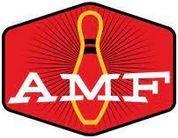 Red AMF logo with white letters and a yellow bowling pin design