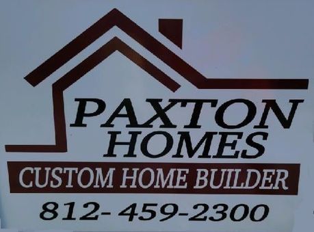 Paxton Homes custom home builder logo with roof icon and phone number 812-459-2300