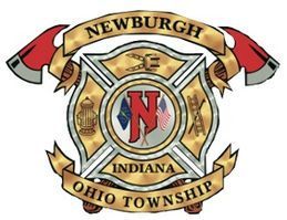Newburgh, Indiana Ohio Township emblem with red N and gold crest crossed with axes