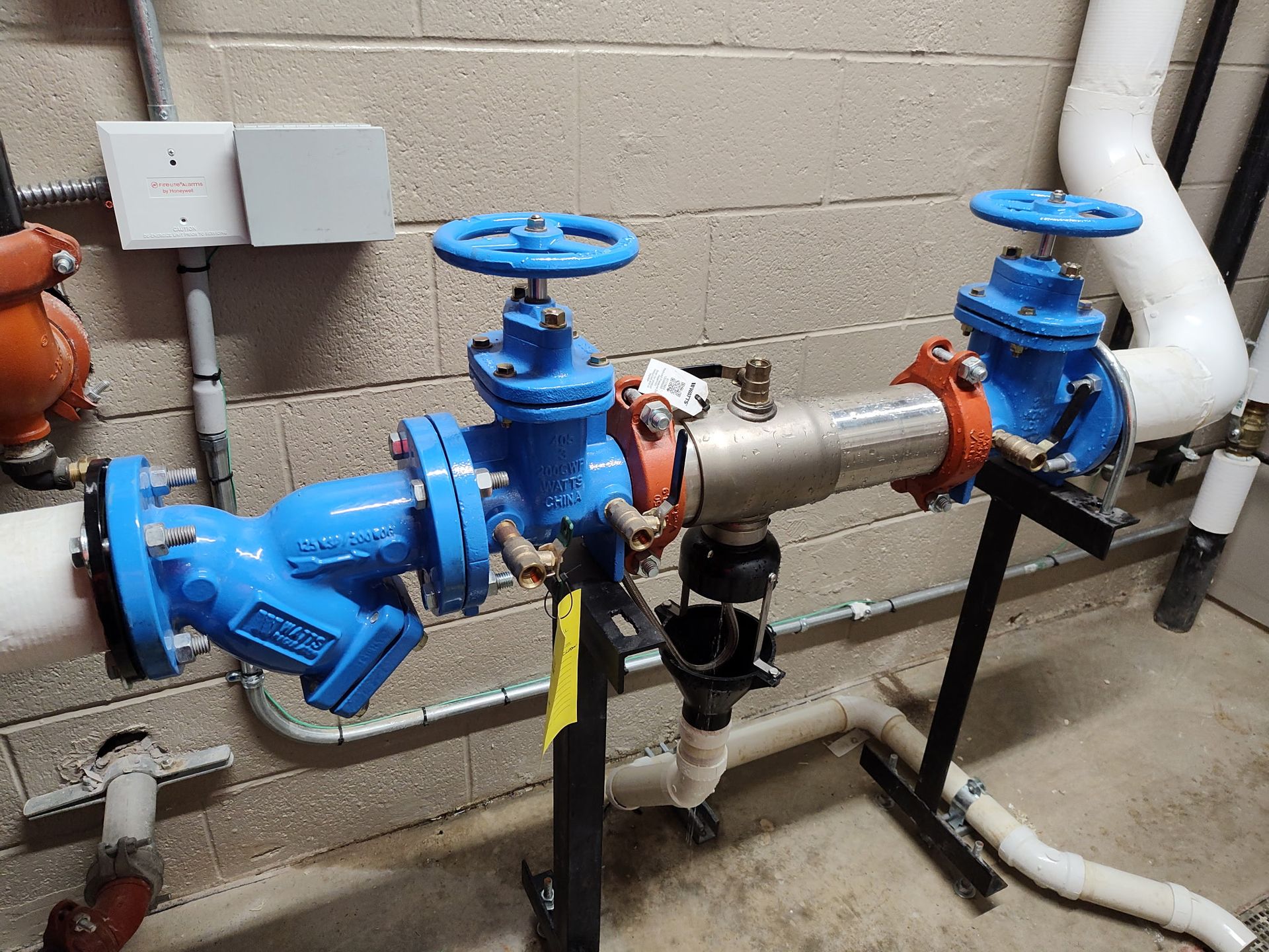 Blue industrial valves and piping mounted on a wall in a utility room.