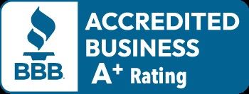 BBB Accredited Business A+ Rating badge in blue and white