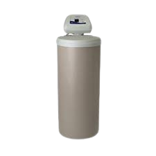 Beige water softener tank with control head on top