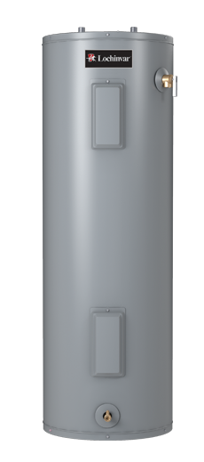 Gray cylindrical water heater tank with a temperature dial and top label
