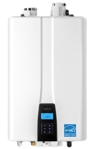 White wall-mounted tankless water heater with a small control panel and blue logo.