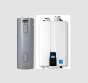 Two water heaters: gray cylindrical tank and white wall-mounted tank with digital display.