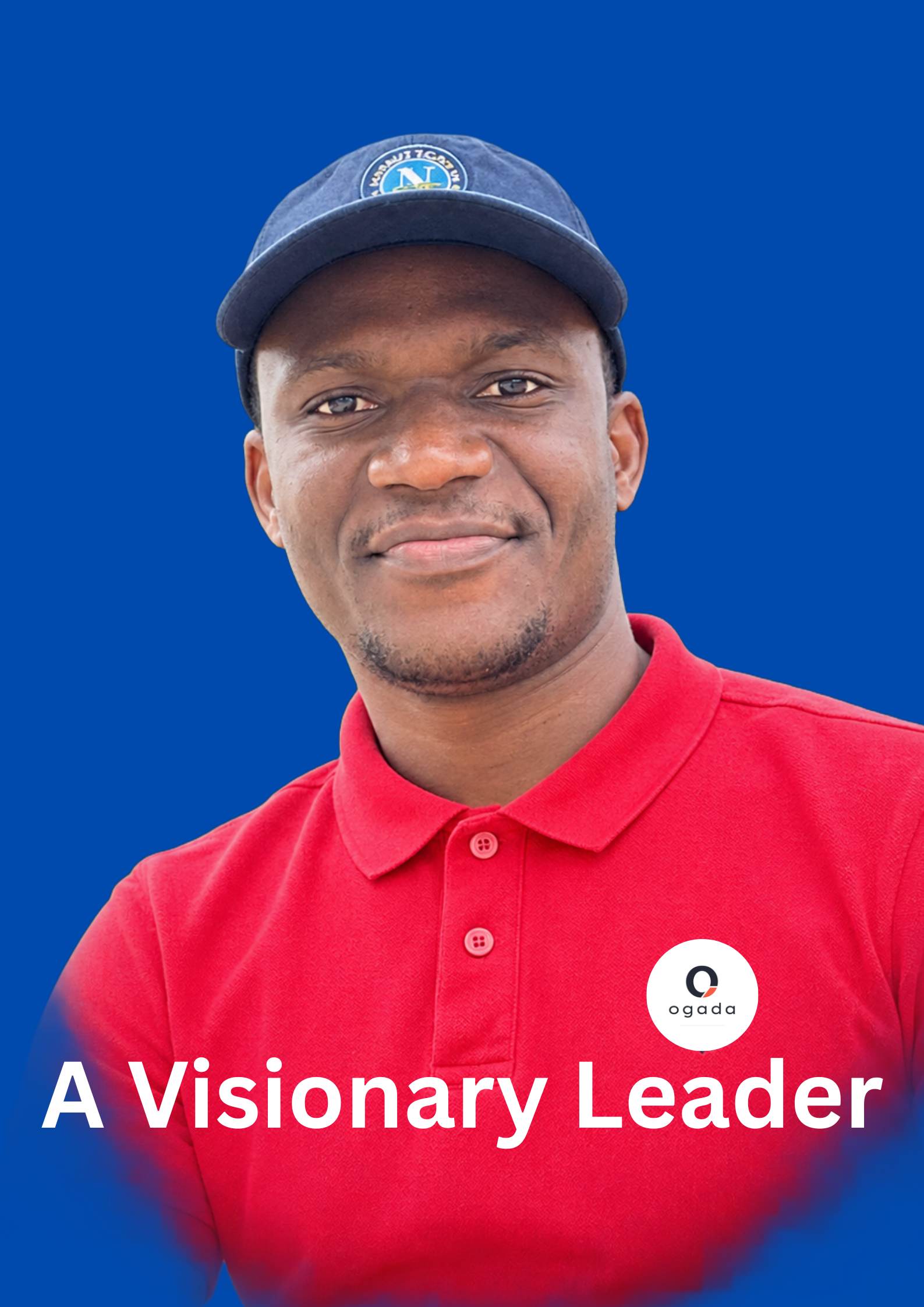 Portrait of Dr. Mandela in a red polo and blue cap against a blue background, with text