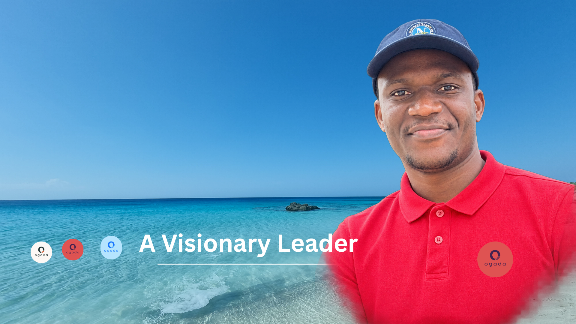 Man in red polo and navy cap smiling by turquoise ocean, with “A Visionary Leader” text overlay