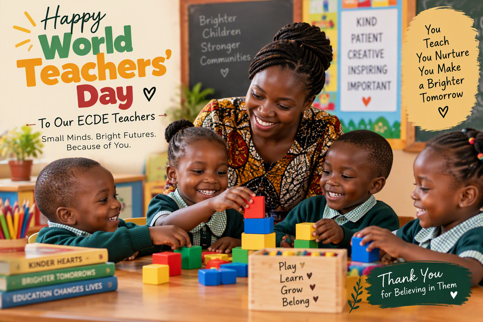 An AI-generated image of ECDE teacher and pupils in class