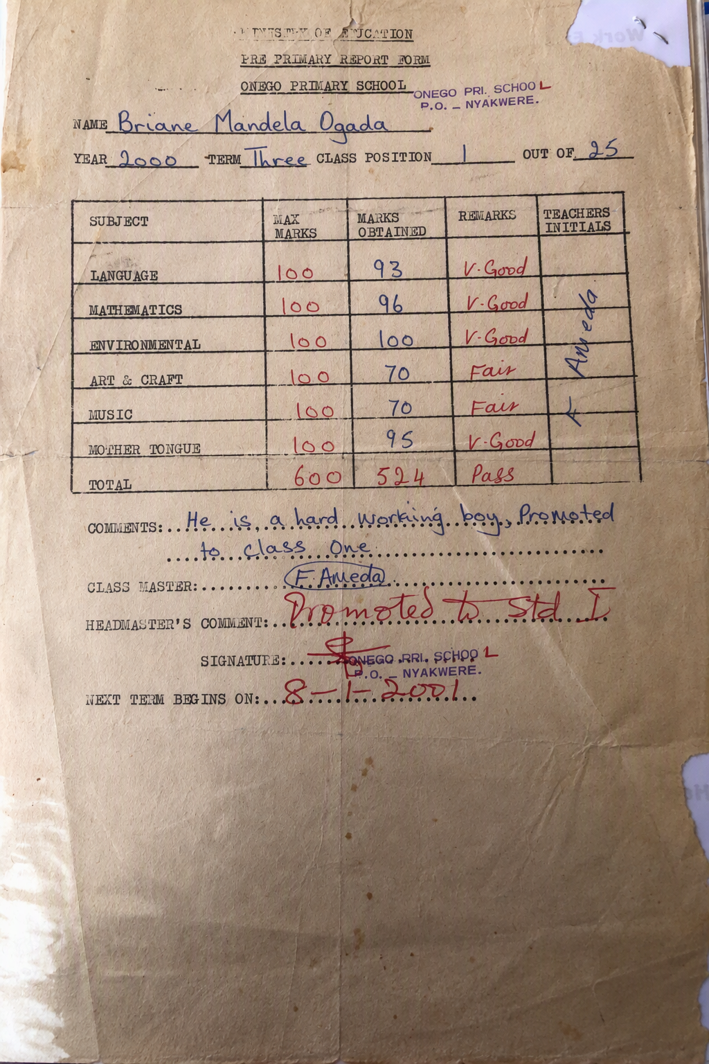 Dr. Mandela Ogada's report form from Nursery school showing stellar performance. He attributes his consistent performance to the foundation he got during those formative days