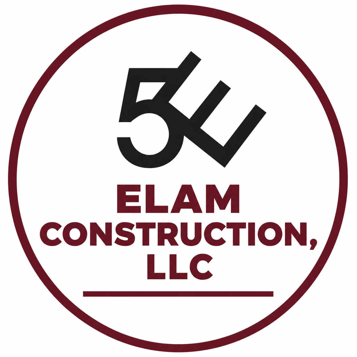 Maroon logo for ELAM CONSTRUCTION, LLC inside a circular border with a stylized black “5” mark