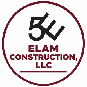 Maroon logo for ELAM CONSTRUCTION, LLC inside a circular border with a stylized black &ldquo;5&rdquo; mark