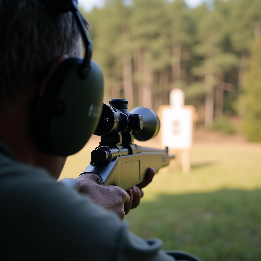 Person aims a rifle with a scope at a target on a grassy outdoor range; wearing ear protection.
