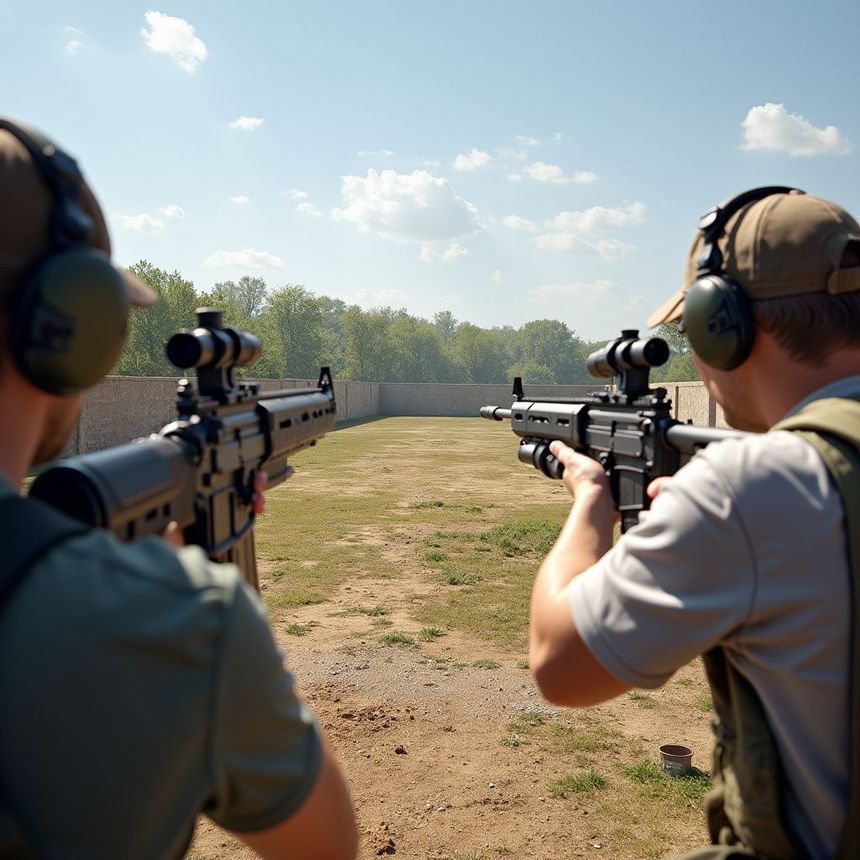 Two people at a shooting range, aiming rifles toward a target. They wear ear protection, outdoors.