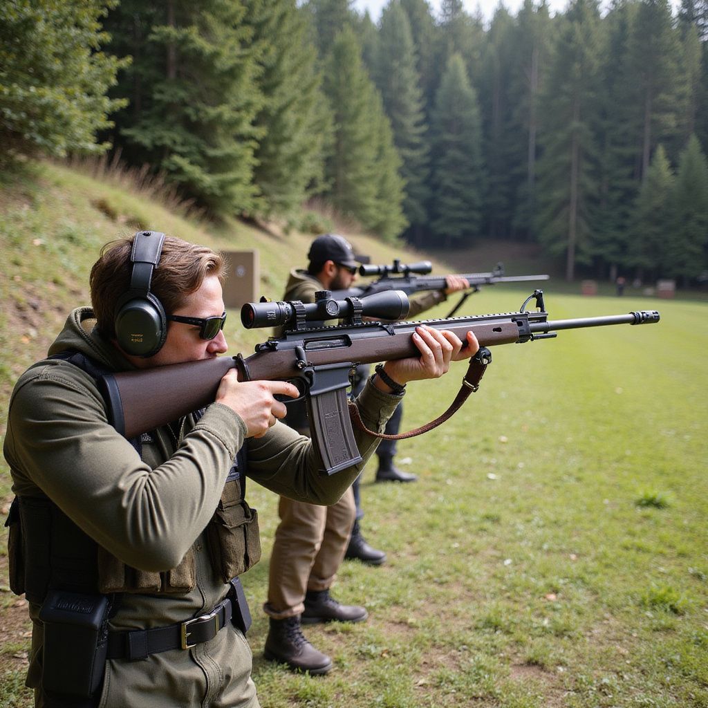 Two people shooting rifles at an outdoor range. Both wear ear protection and aim towards the target.