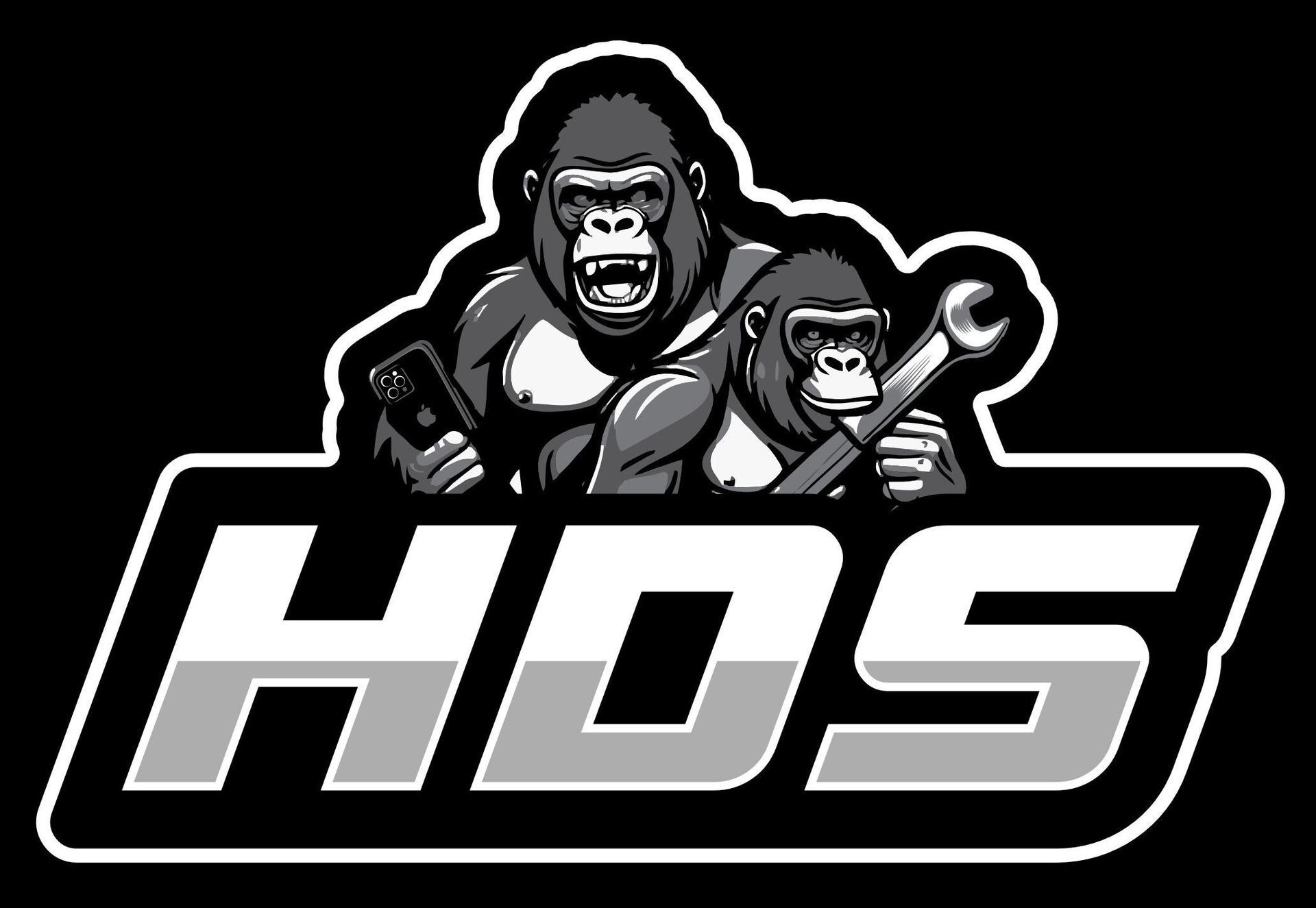 A gorilla is holding a wrench and a cell phone.