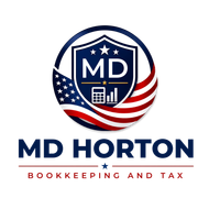 MD Horton Bookkeeping and Tax logo with navy shield, stars, and red striped U.S. flag motif