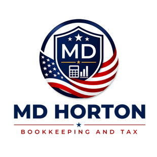MD Horton Bookkeeping and Tax logo with navy shield, stars, and red striped U.S. flag motif