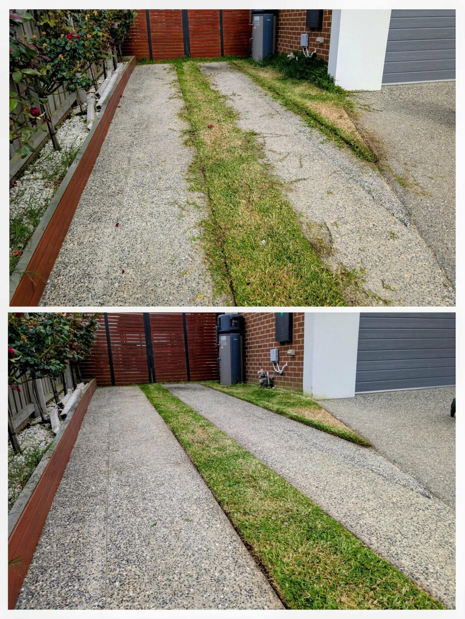Before-and-after view of a gravel driveway with grass growing through the center strip.