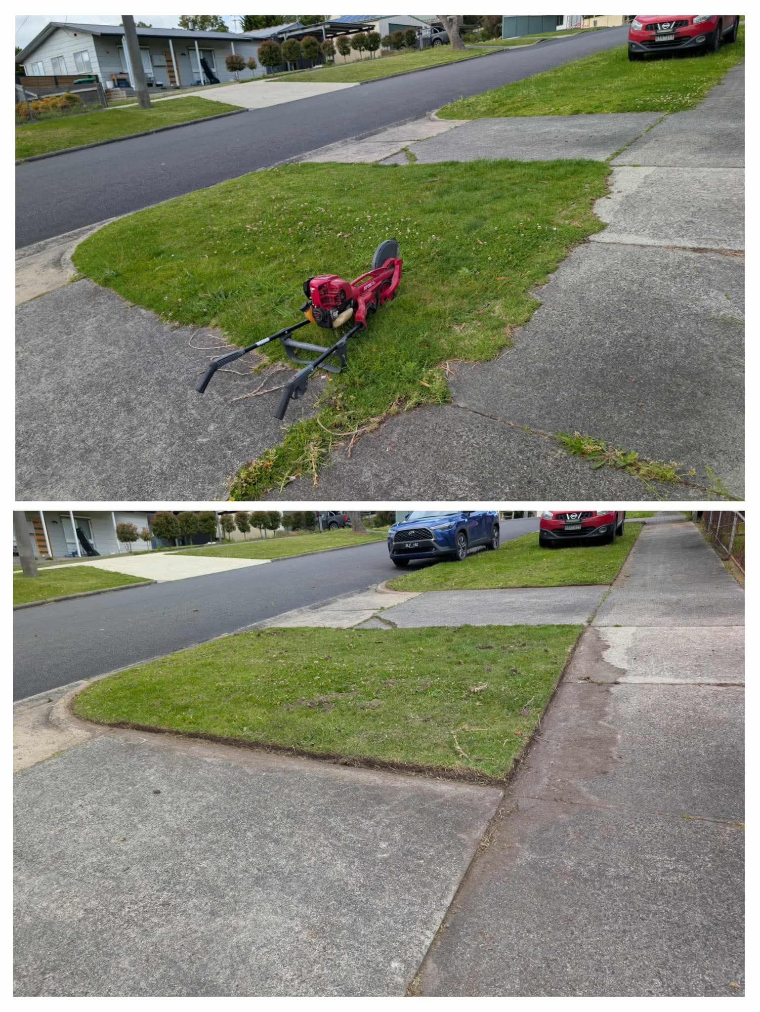 Before-and-after view of a damaged sidewalk and lawn, with a red yard tool on the grass.